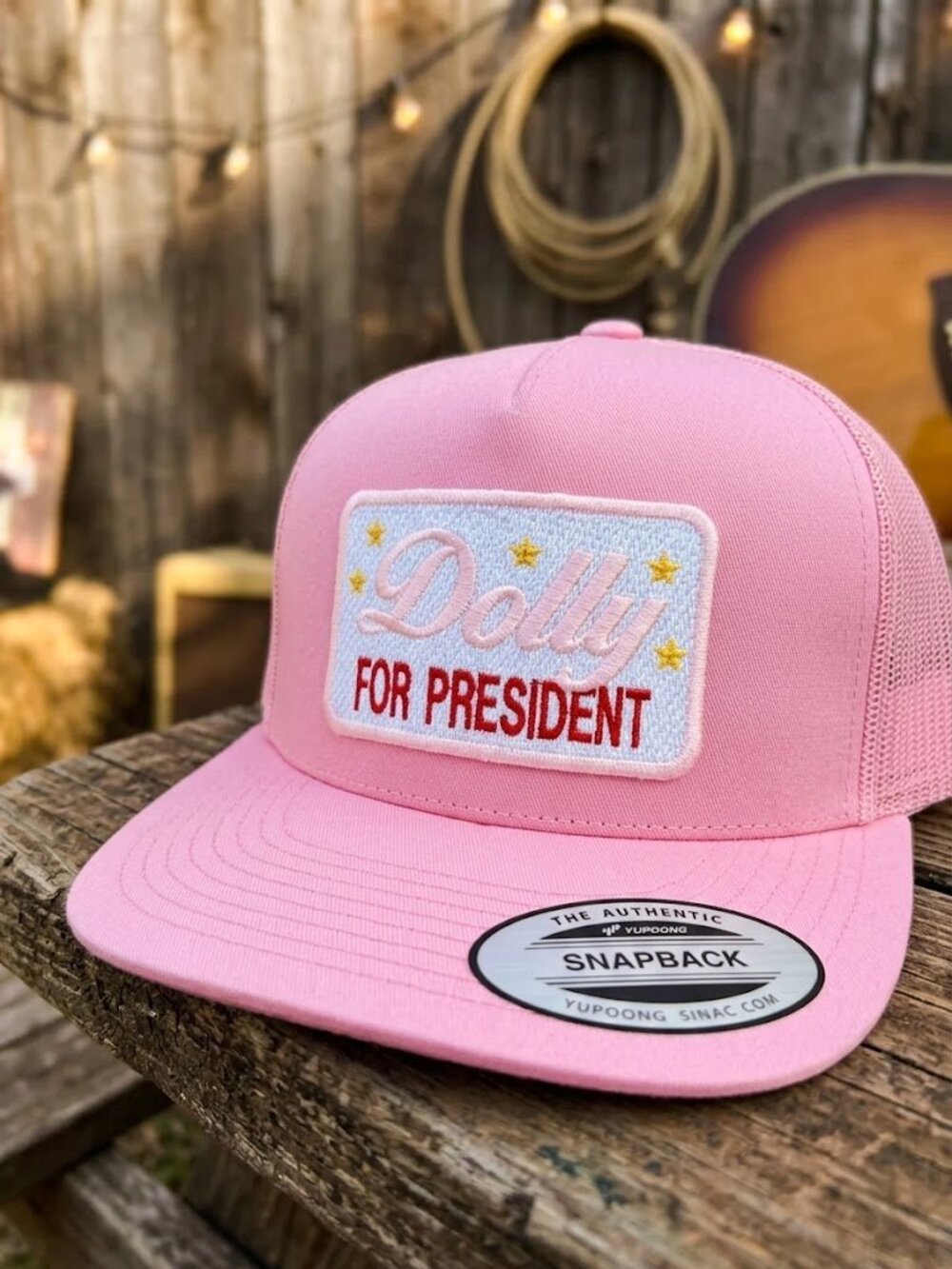 Dolly For President Embroidered Patch Pink Flat Bill Yupoong Snapback Hat Retro